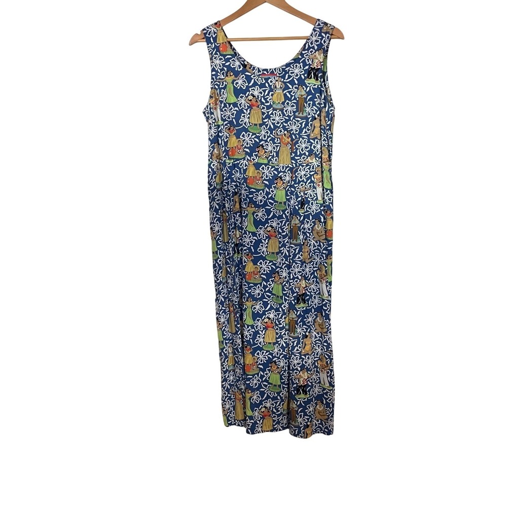 Joe Kealuha's Hawaiian Tank Maxi Dress Hula Print Mumu Size Medium Pockets Slit
